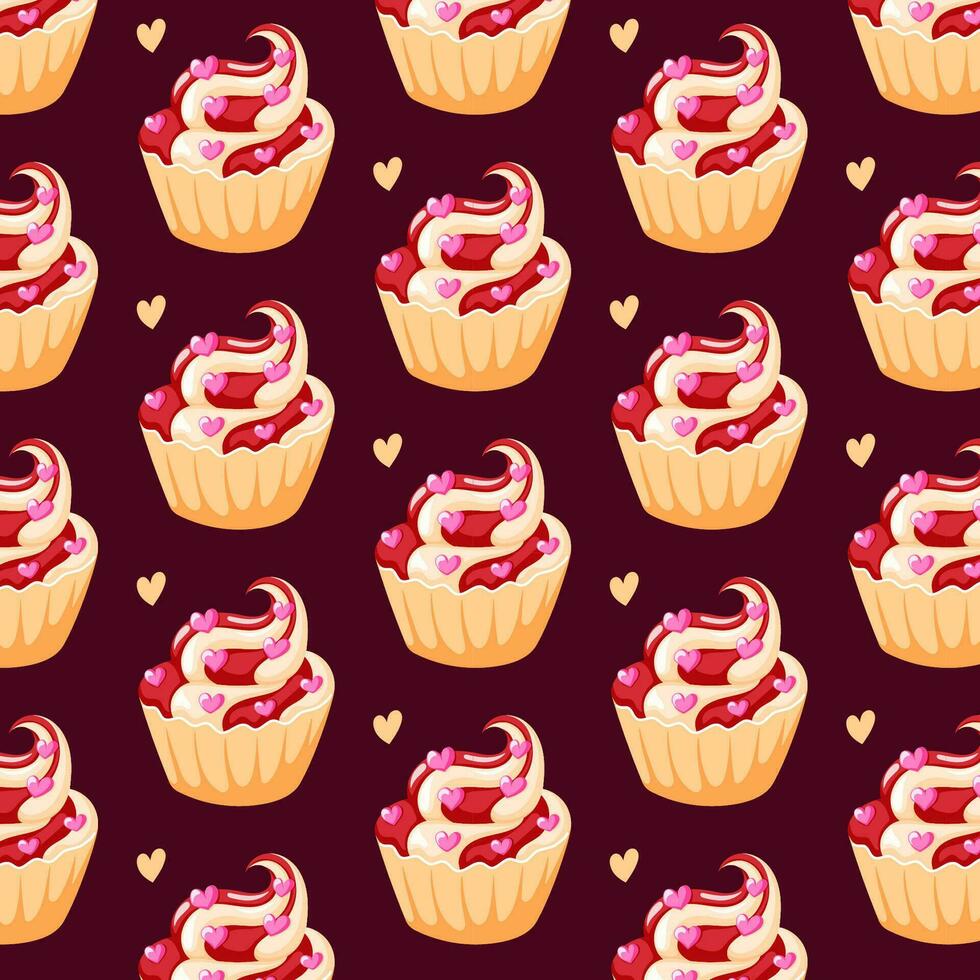 cupcakes schattig naadloos patroon in tekenfilm stijl. vector illustratie achtergrond met cakes en harten.