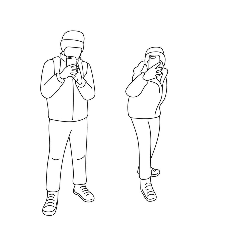 mannetje in hoed en zijn vriendin gebruik makend van mobiel telefoon naar nemen een foto illustratie vector hand- getrokken geïsoleerd Aan wit achtergrond