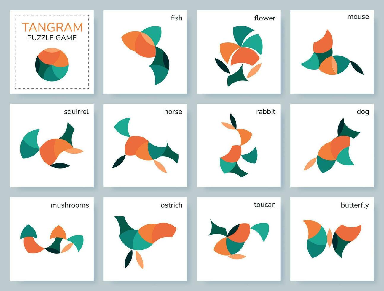 tangram puzzel spel voor kinderen. kleurrijk meetkundig verzameling met geïsoleerd voorwerpen, planten, dieren, vogels, vis. Vietnamees spel. divers pictogrammen Aan wit achtergrond. vector illustratie