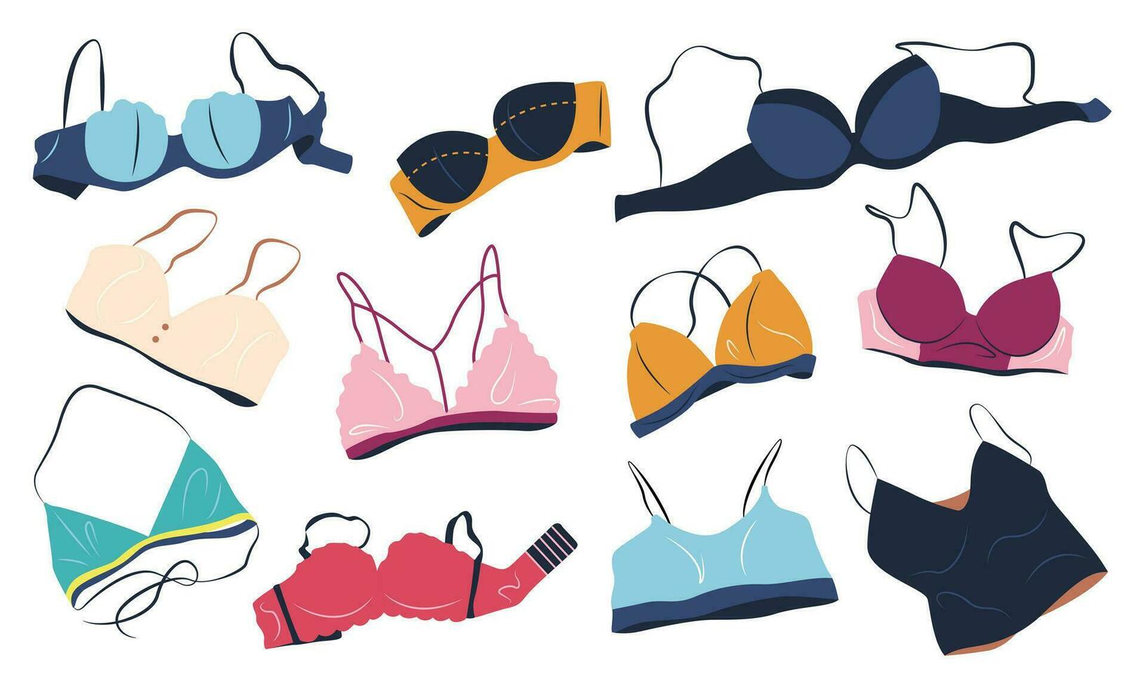 reeks van beha, ondergoed voor Dames. mode verzameling met divers types van ondergoed. geïsoleerd hand- getrokken tekenfilm vector illustraties met kleurrijk lingerie Aan wit achtergrond.