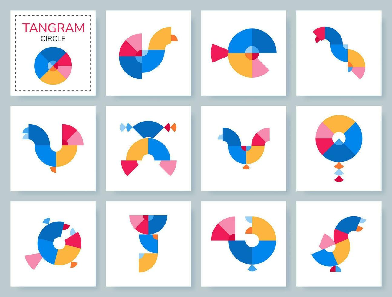 tangram puzzel spel voor kinderen. kleurrijk meetkundig verzameling met geïsoleerd voorwerpen, dieren, vogels. tangram cirkel. divers pictogrammen Aan wit achtergrond. vector illustratie