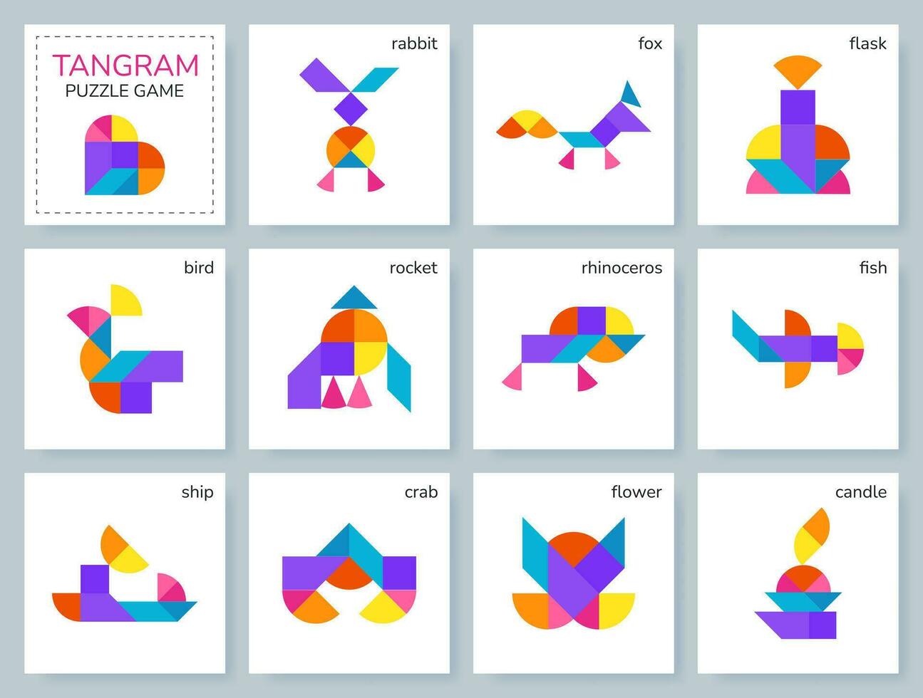 tangram puzzel spel voor kinderen. kleurrijk meetkundig verzameling met geïsoleerd voorwerpen, dieren, vervoer, vogels. tangram blad. divers pictogrammen Aan wit achtergrond. vector illustratie