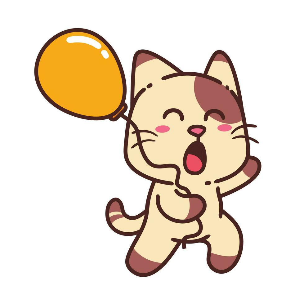 schattig aanbiddelijk gelukkig bruin kat en geel ballon tekenfilm tekening vector illustratie vlak ontwerp stijl