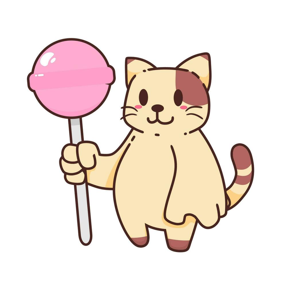 schattig aanbiddelijk gelukkig groot bruin kat eten roze lolly snoep tekenfilm tekening vector illustratie vlak ontwerp stijl