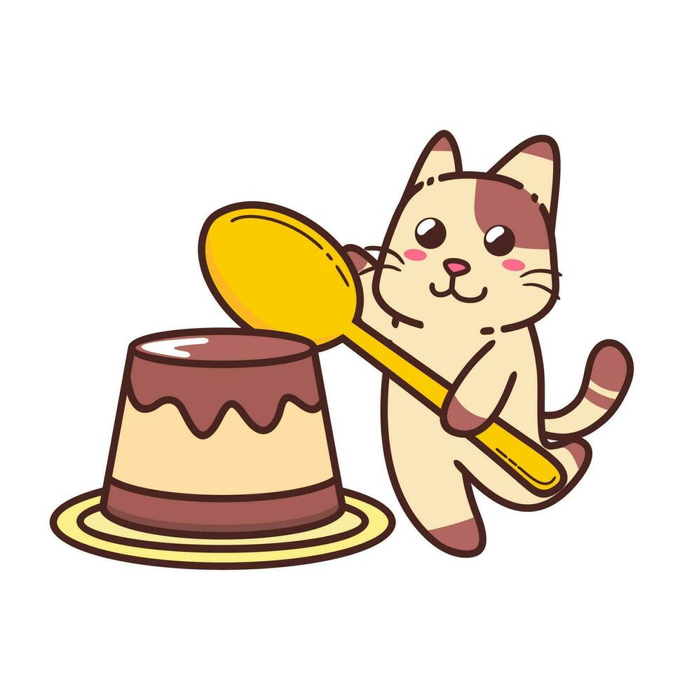 schattig aanbiddelijk gelukkig bruin kat eten pudding zoet karakter tekenfilm tekening vector illustratie vlak ontwerp stijl