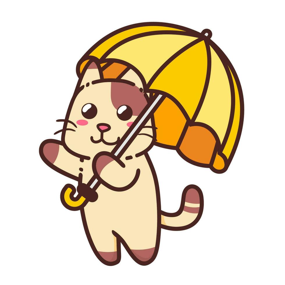 schattig aanbiddelijk gelukkig bruin kat en geel paraplu karakter tekenfilm tekening vector illustratie vlak ontwerp stijl