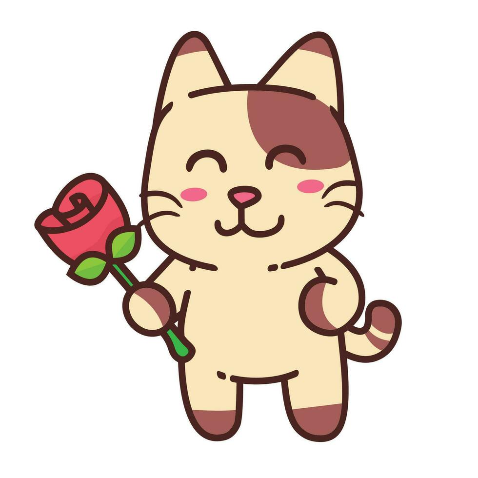schattig aanbiddelijk gelukkig bruin kat en roos bloem tekenfilm tekening vector illustratie vlak ontwerp stijl