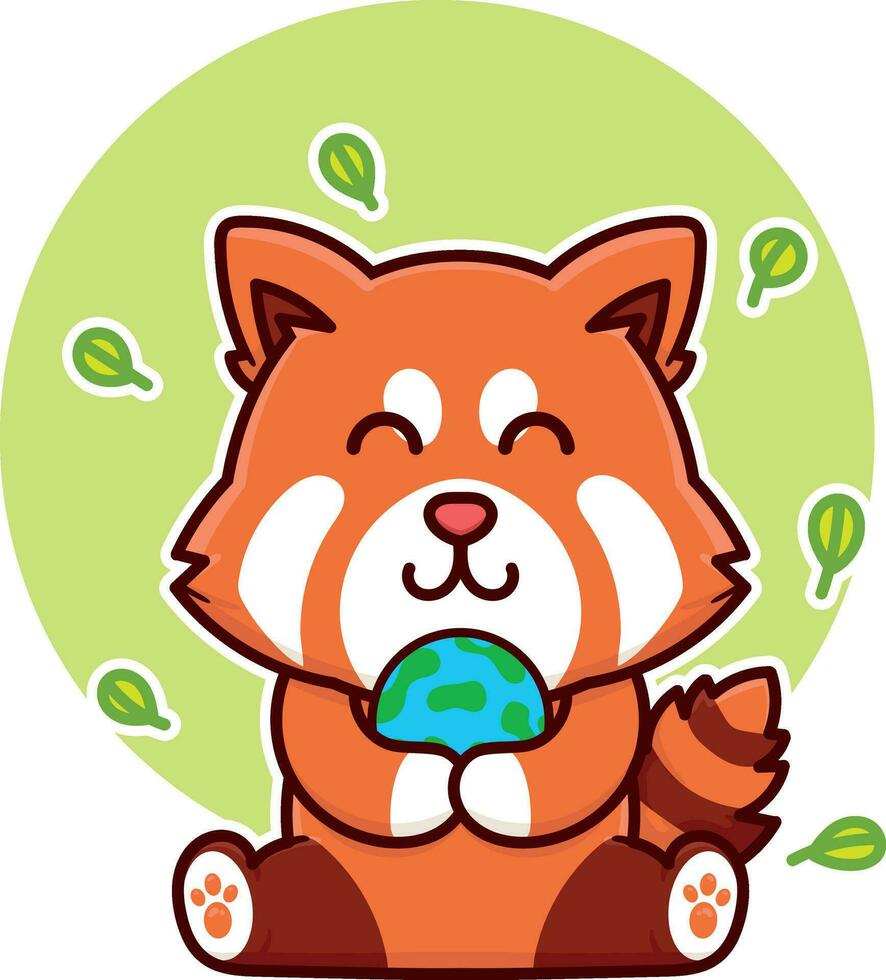 gelukkig rood panda en wereldbol aarde aanbiddelijk tekenfilm tekening vector illustratie vlak ontwerp stijl