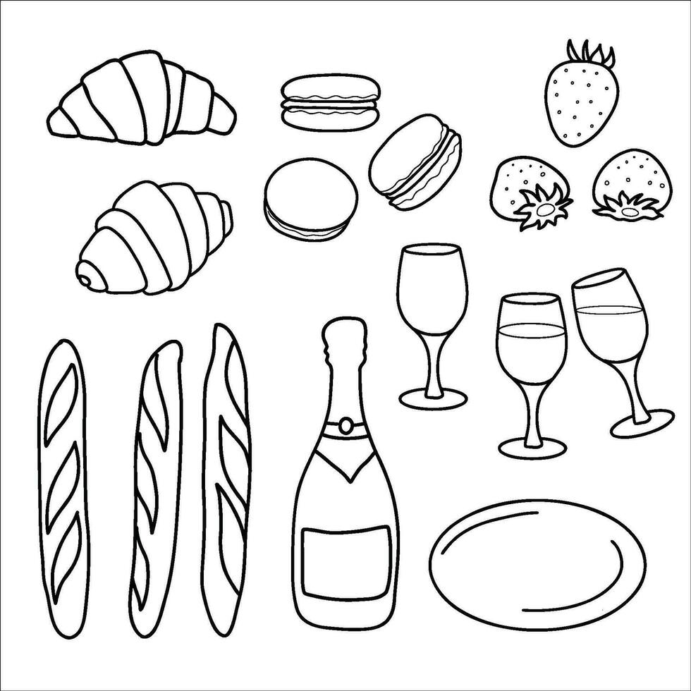 Frans voedsel set. Champagne fles, bril, aardbeien en bitterkoekjes. croissants en stokbrood. vector illustratie in tekening stijl.
