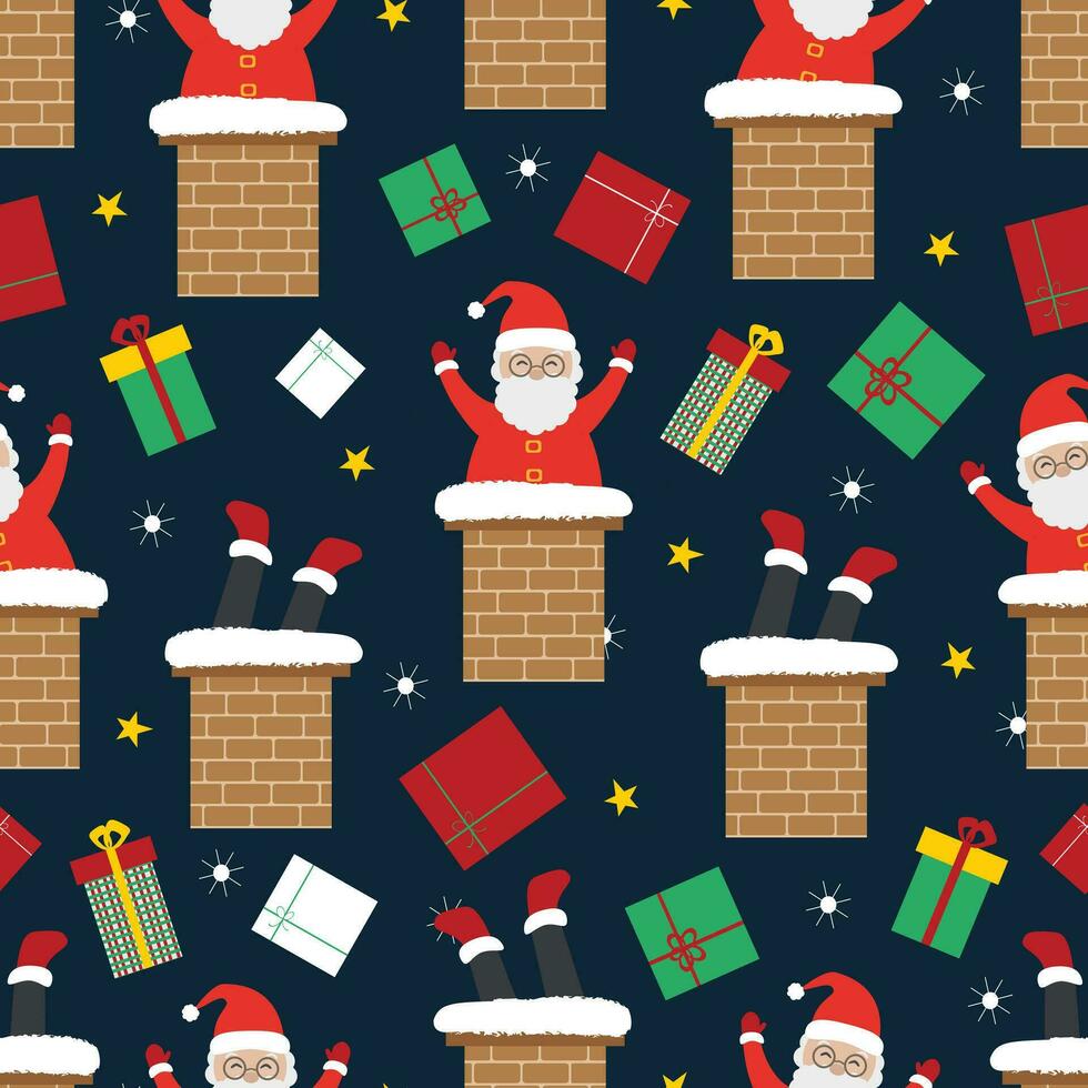 Kerstmis naadloos patroon met de kerstman claus in schoorsteen en geschenk dozen vector