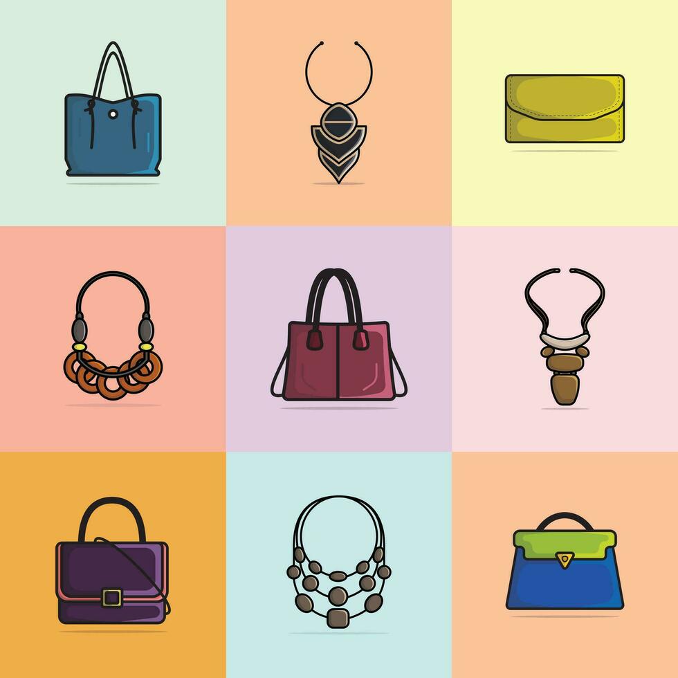 verzameling van 9 modern Dames handtassen en uniek stijl kettingen vector illustratie. schoonheid mode voorwerpen icoon concept. reeks van Dames mode sieraden accessoires vector ontwerp.