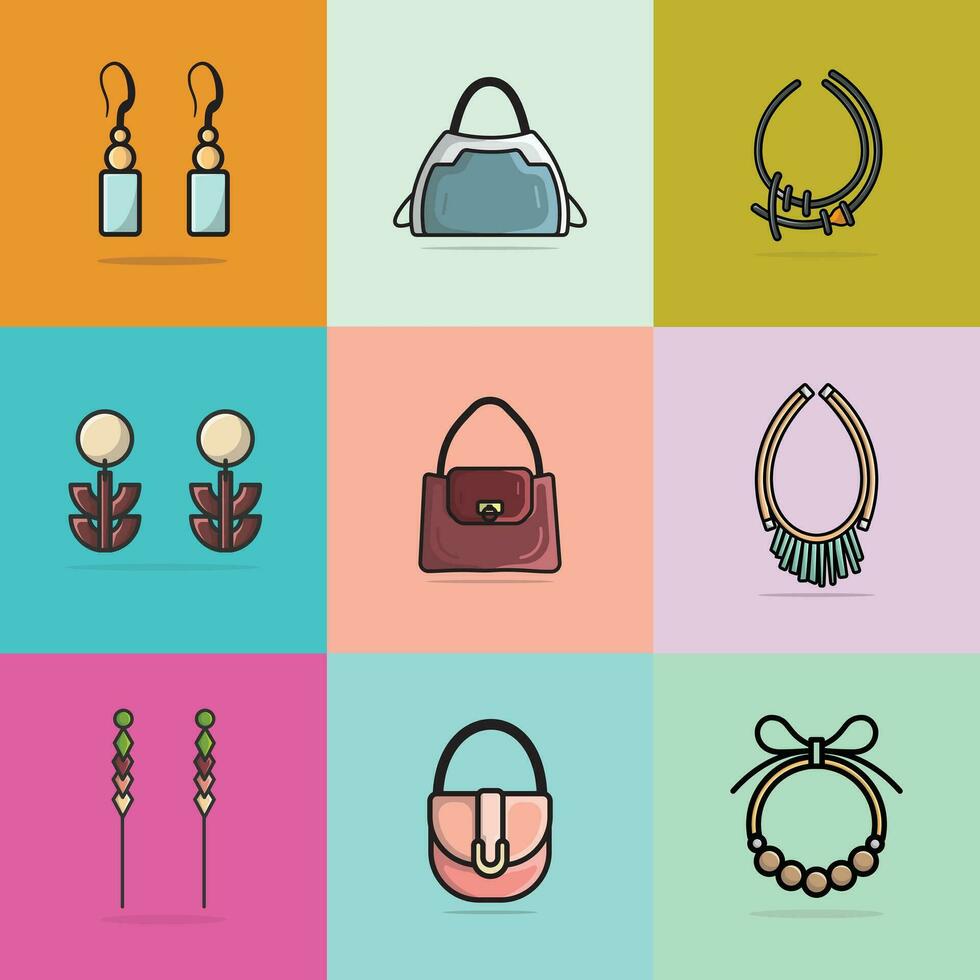 verzameling van 9 Dames elegant oorbel, portemonnees en kettingen voor mode vector illustratie. schoonheid mode voorwerpen icoon concept. reeks van modieus Dames mode sieraden accessoires vector ontwerp.