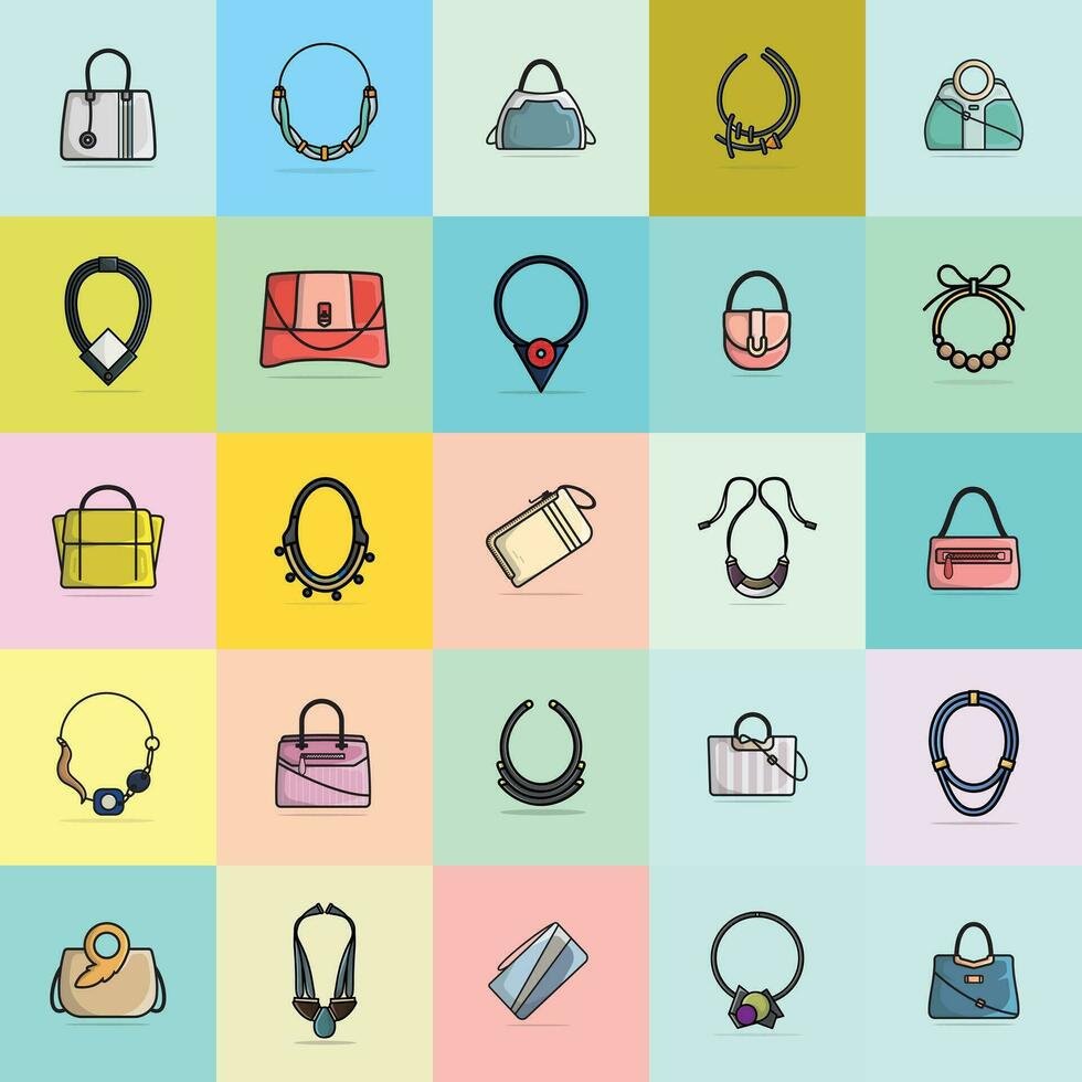 vrouwen sieraden nek kettingen en meisjes partij portemonnees verzameling vector illustratie. schoonheid mode voorwerpen icoon concept. reeks van Dames mode sieraden accessoires vector ontwerp.