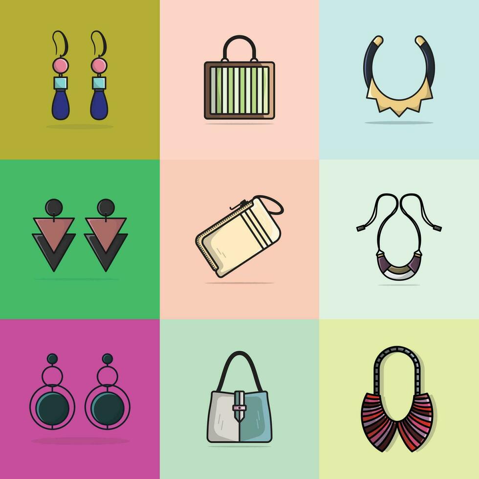 verzameling van 9 modern ontwerper Dames oorbellen, portemonnees en kettingen vector illustratie. schoonheid mode voorwerpen icoon concept. reeks van Dames mode ontwerp sieraden accessoires vector ontwerp.