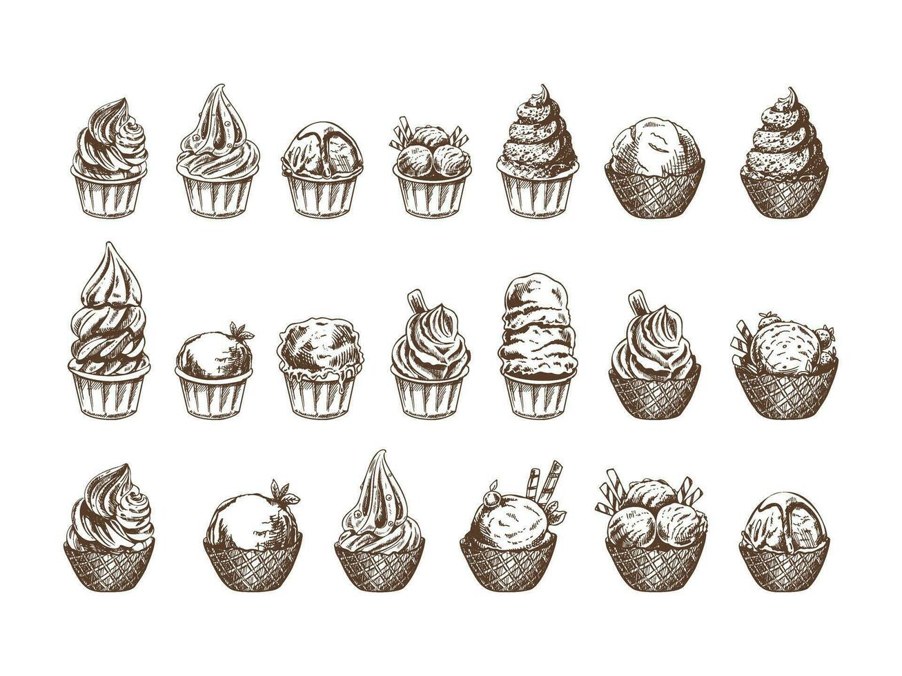 hand getekend schetsen van ijs room ballen, bevroren yoghurt of cupcakes in keramisch cups en wafel manden. set. wijnoogst illustratie. elementen voor etiketten, verpakking en ansichtkaarten. zoet voedsel. vector