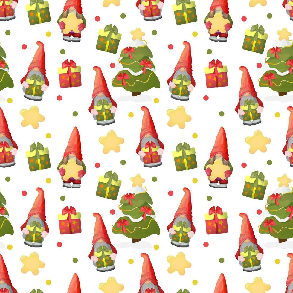 nieuw jaar naadloos sjabloon met schattig kabouters en feestelijk Kerstmis bomen. vector herhalen patroon voor omhulsel papier, kleding stof, kleding, textiel, oppervlakte texturen, scrapbooken.