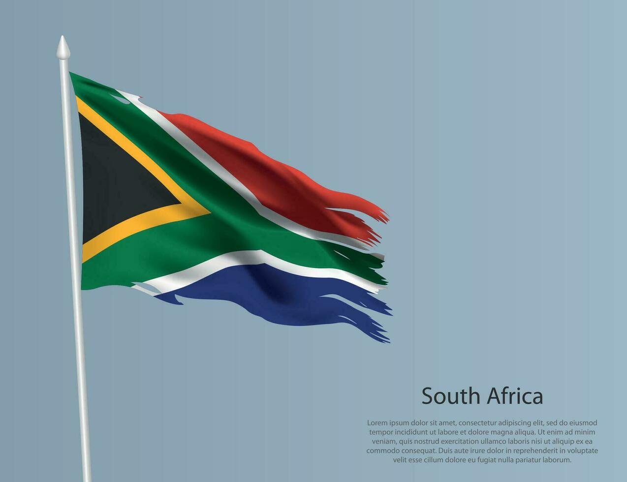 haveloos nationaal vlag van zuiden Afrika. golvend gescheurd kleding stof Aan blauw achtergrond vector