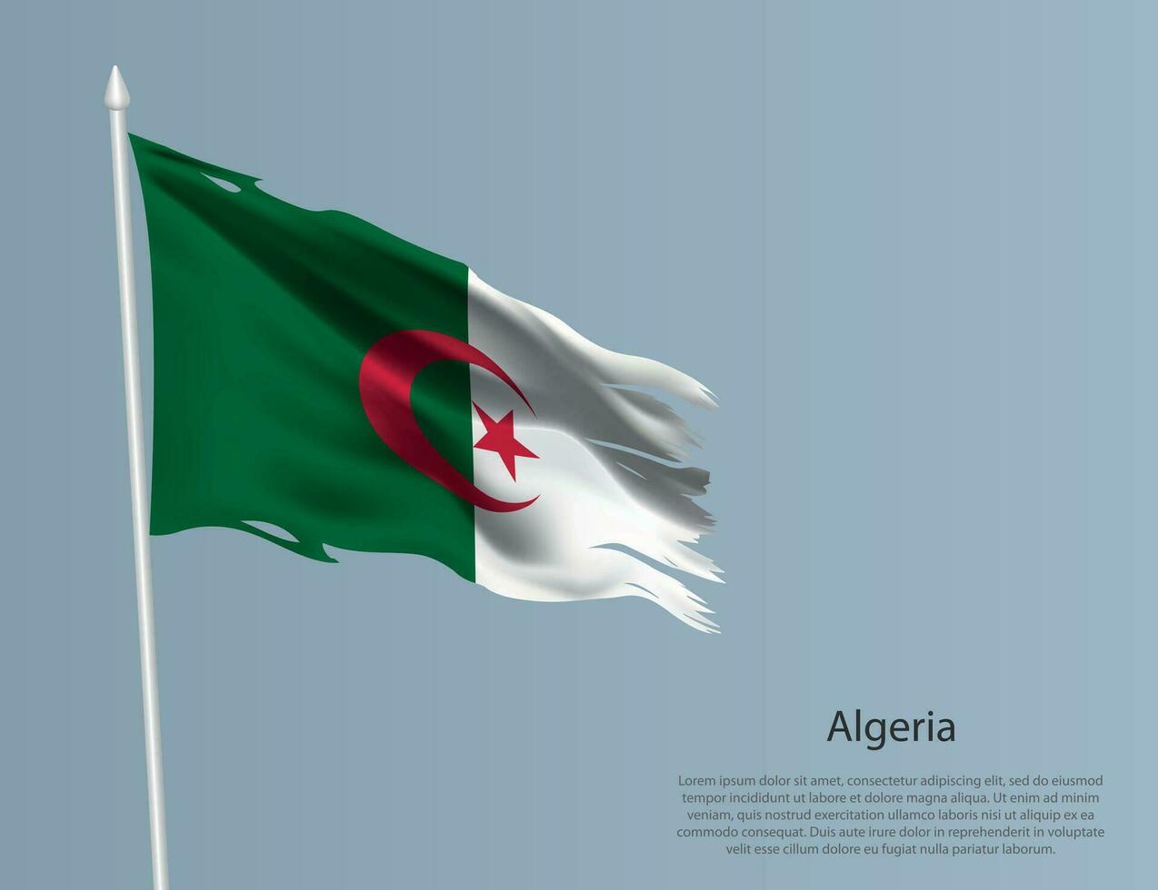 haveloos nationaal vlag van Algerije. golvend gescheurd kleding stof Aan blauw achtergrond vector