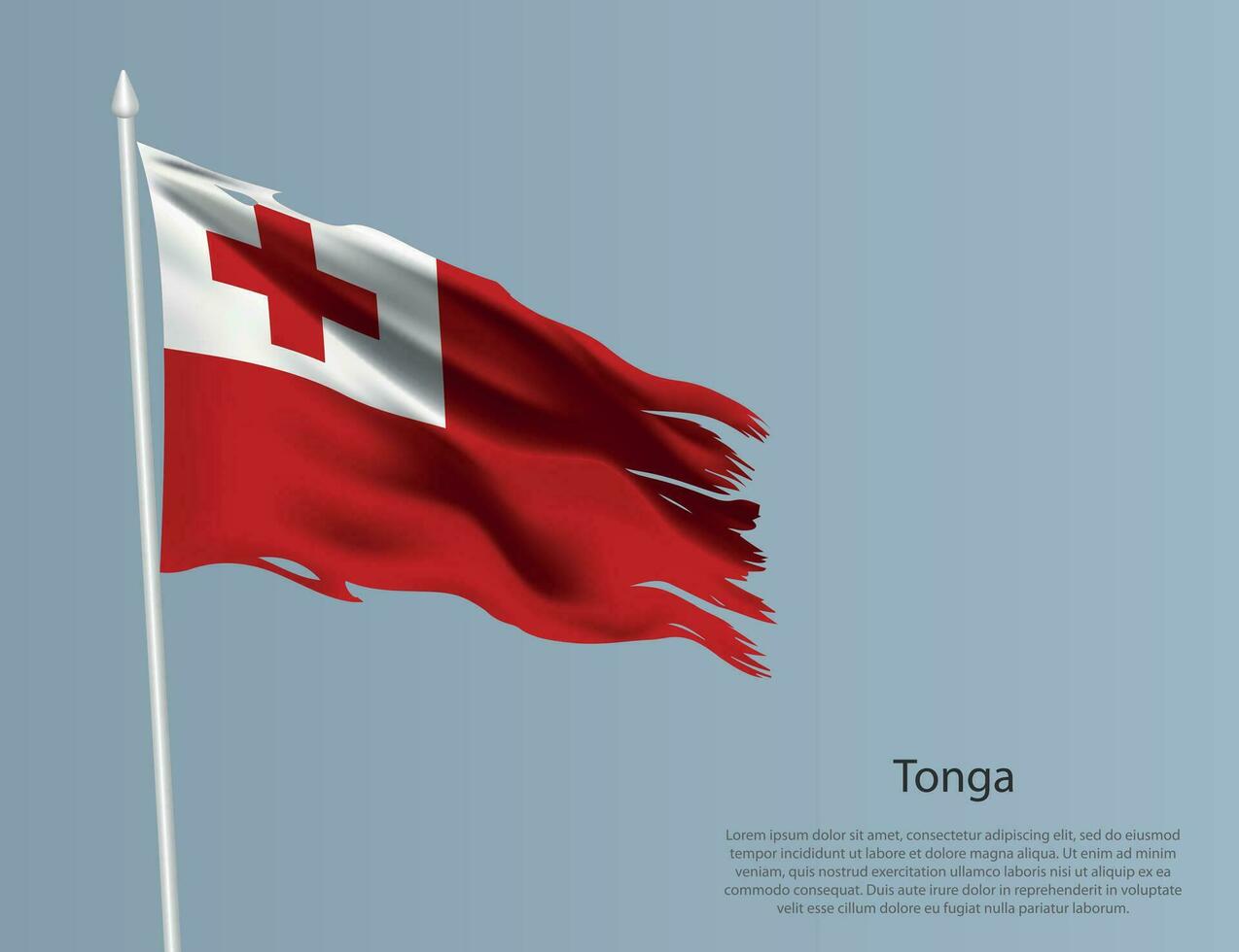 haveloos nationaal vlag Tonga. golvend gescheurd kleding stof Aan blauw achtergrond. vector