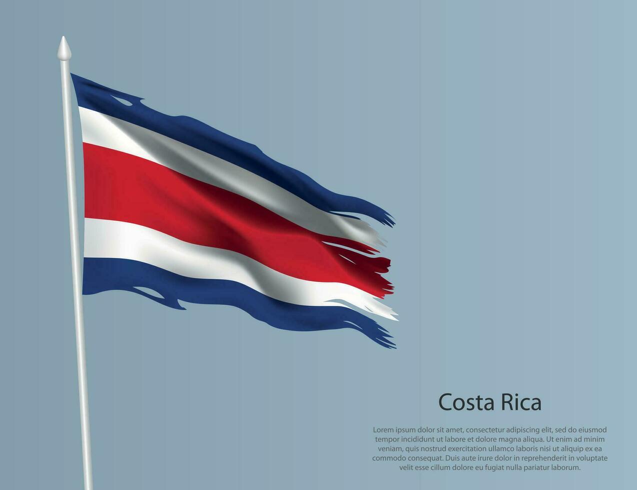 haveloos nationaal vlag van costa rica. golvend gescheurd kleding stof Aan blauw achtergrond. vector