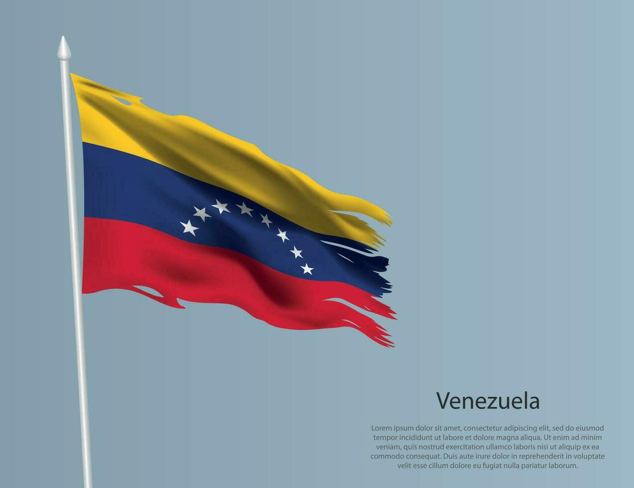 haveloos nationaal vlag van Venezuela. golvend gescheurd kleding stof Aan blauw achtergrond. vector