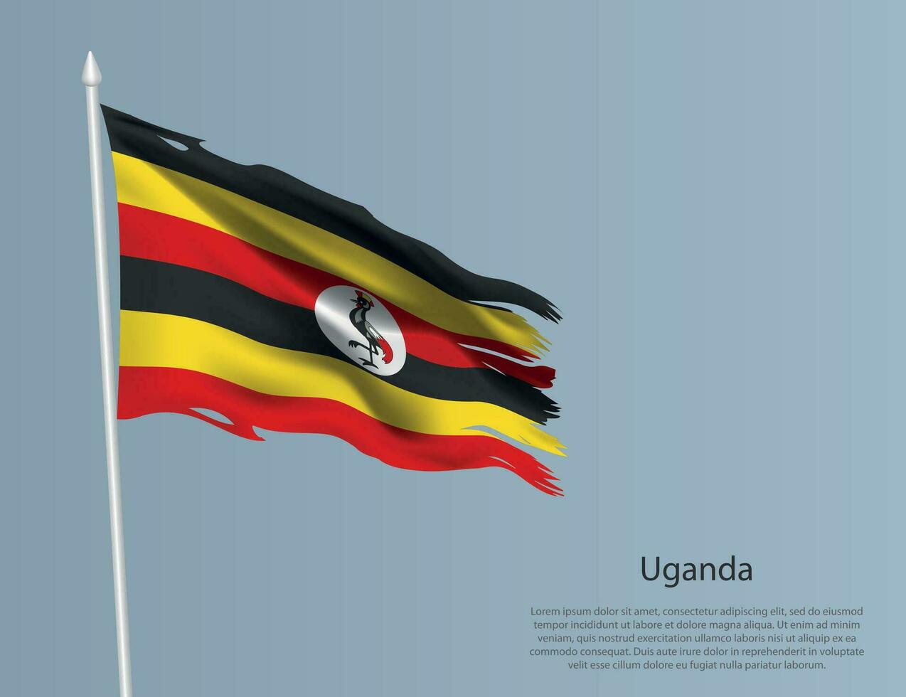 haveloos nationaal vlag van Oeganda. golvend gescheurd kleding stof Aan blauw achtergrond vector