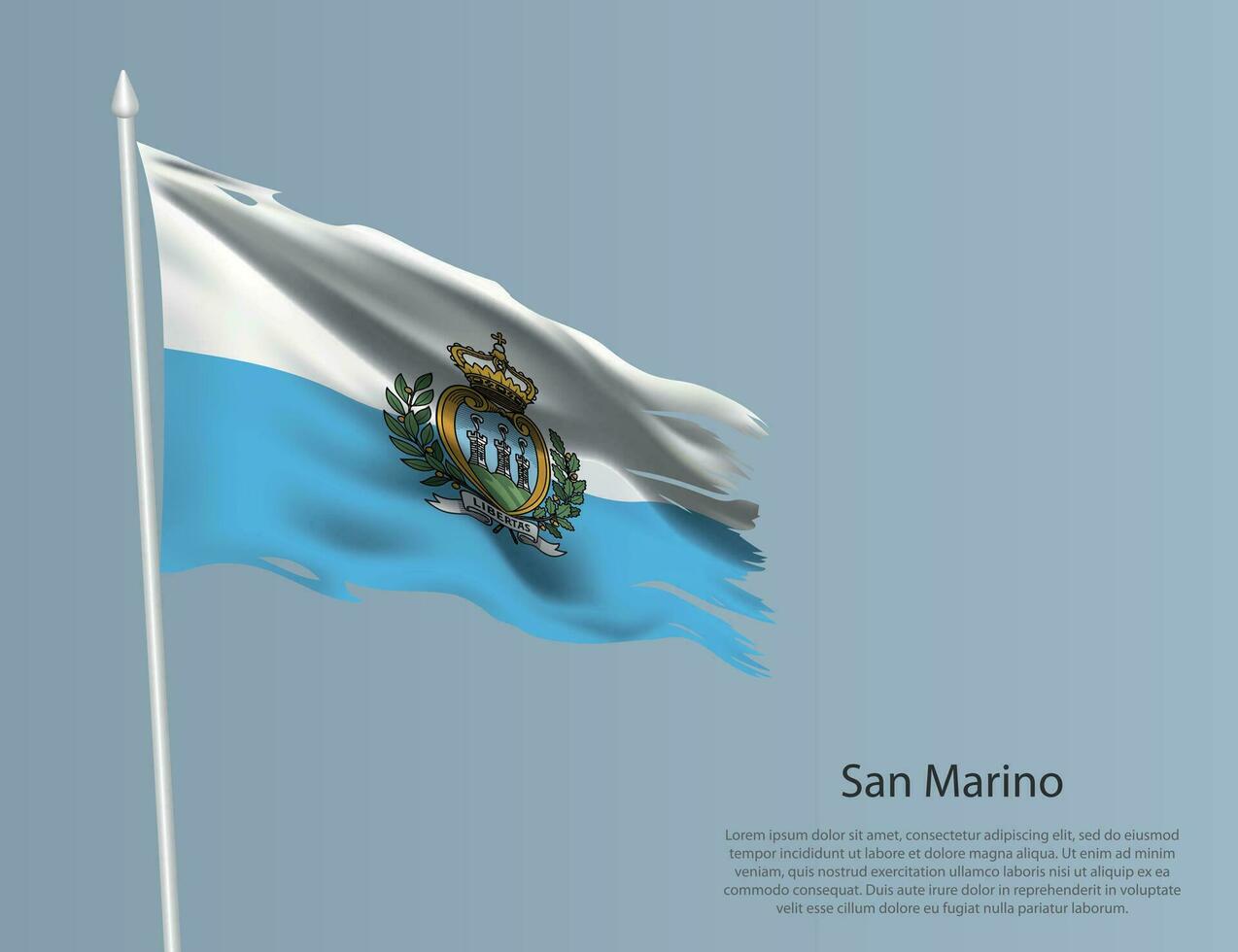 haveloos nationaal vlag van san marino. golvend gescheurd kleding stof Aan blauw achtergrond vector