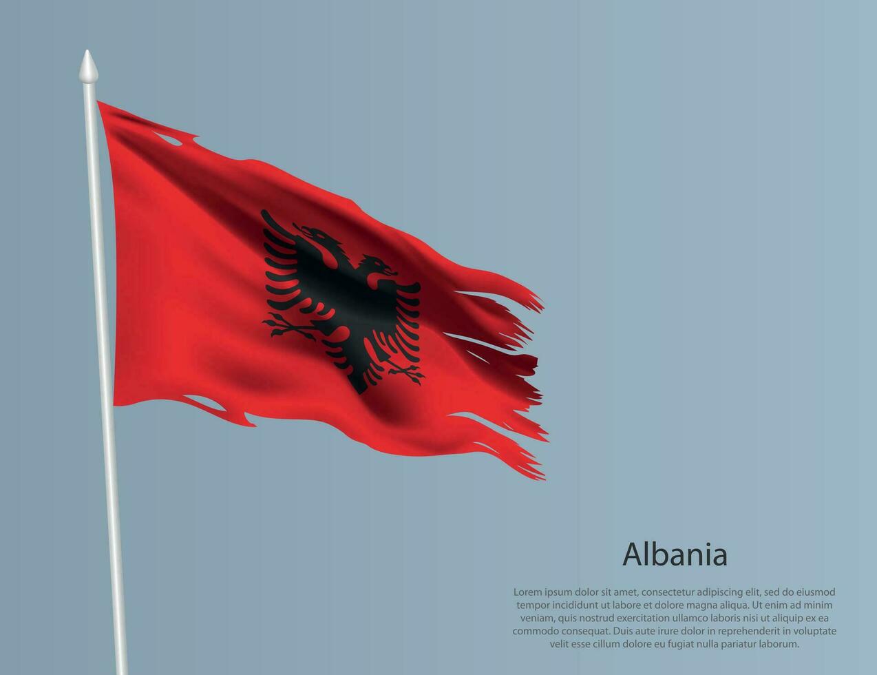 haveloos nationaal vlag van albanië. golvend gescheurd kleding stof Aan blauw achtergrond vector