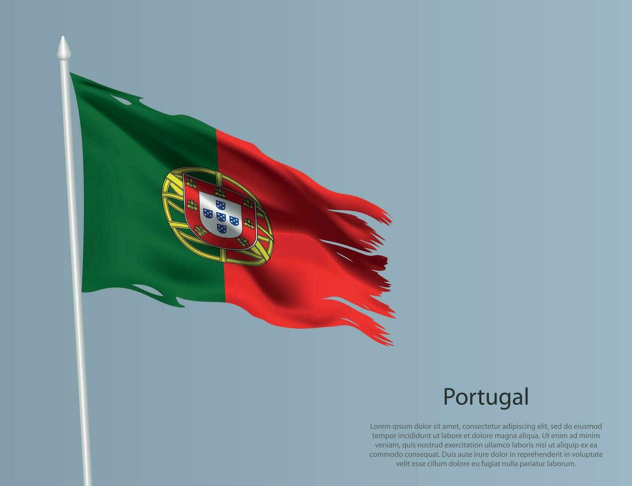 haveloos nationaal vlag van Portugal. golvend gescheurd kleding stof Aan blauw achtergrond vector