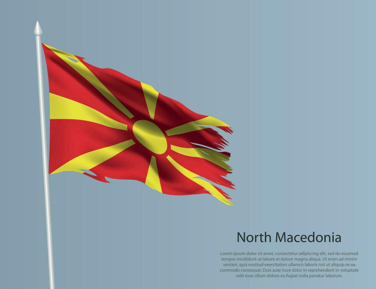 haveloos nationaal vlag van noorden Macedonië. golvend gescheurd kleding stof Aan blauw achtergrond vector