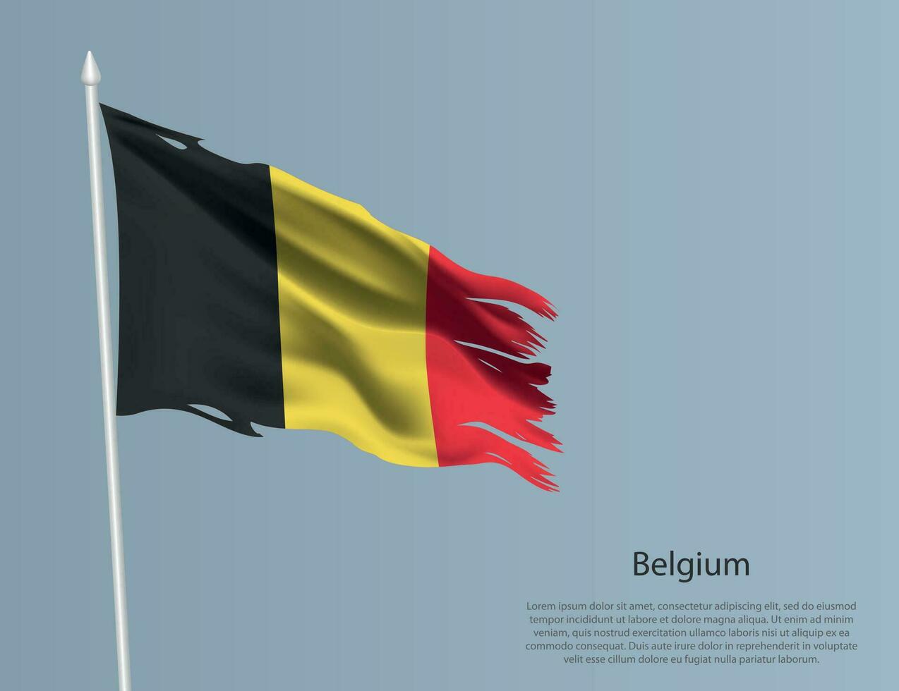 haveloos nationaal vlag van belgië. golvend gescheurd kleding stof Aan blauw achtergrond vector