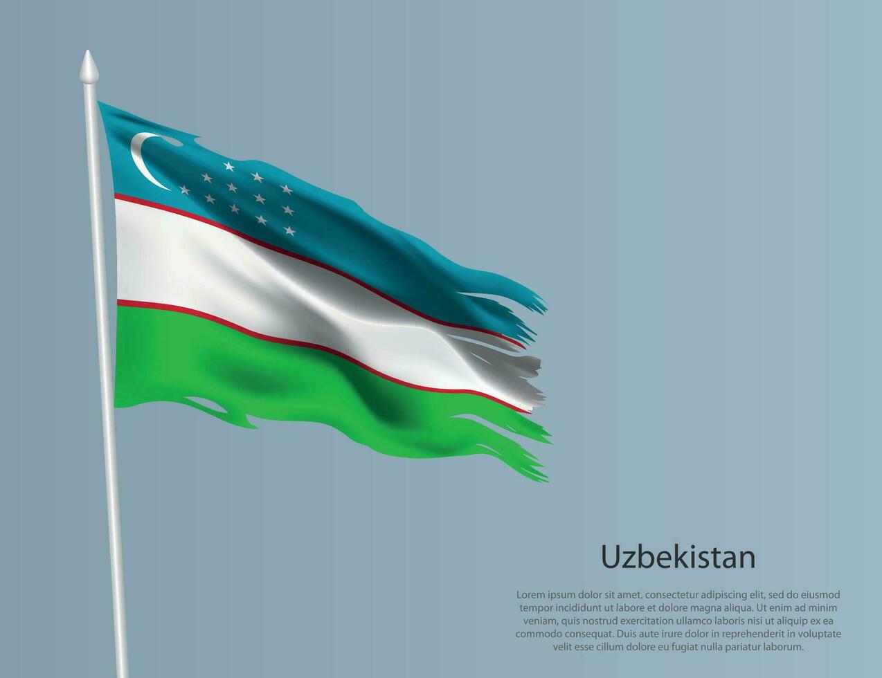 haveloos nationaal vlag van Oezbekistan. golvend gescheurd kleding stof Aan blauw achtergrond vector