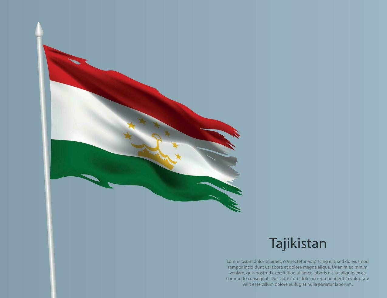 haveloos nationaal vlag van Tadzjikistan. golvend gescheurd kleding stof Aan blauw achtergrond vector