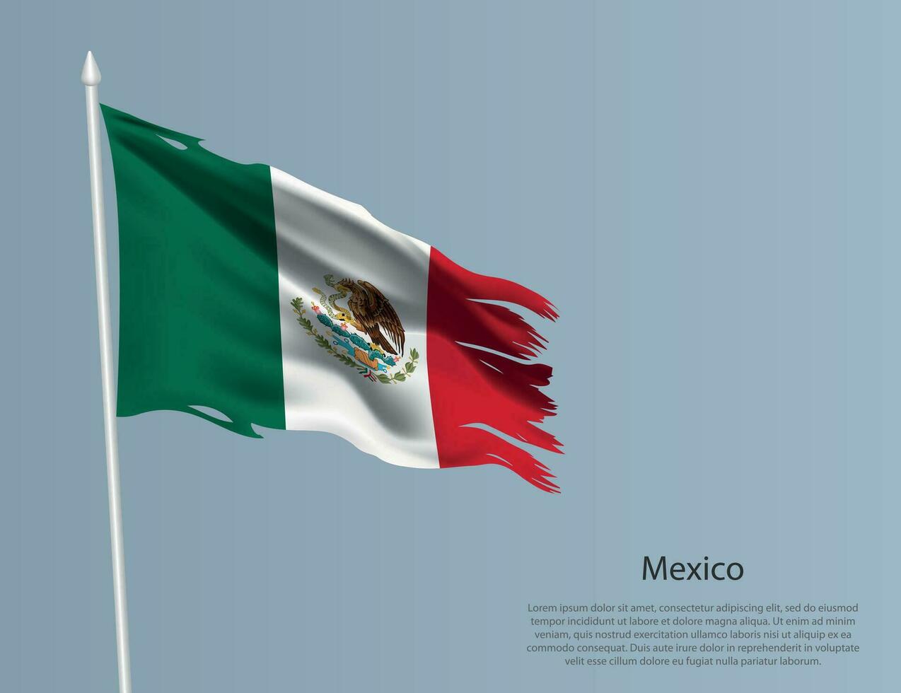 haveloos nationaal vlag van Mexico. golvend gescheurd kleding stof Aan blauw achtergrond. vector