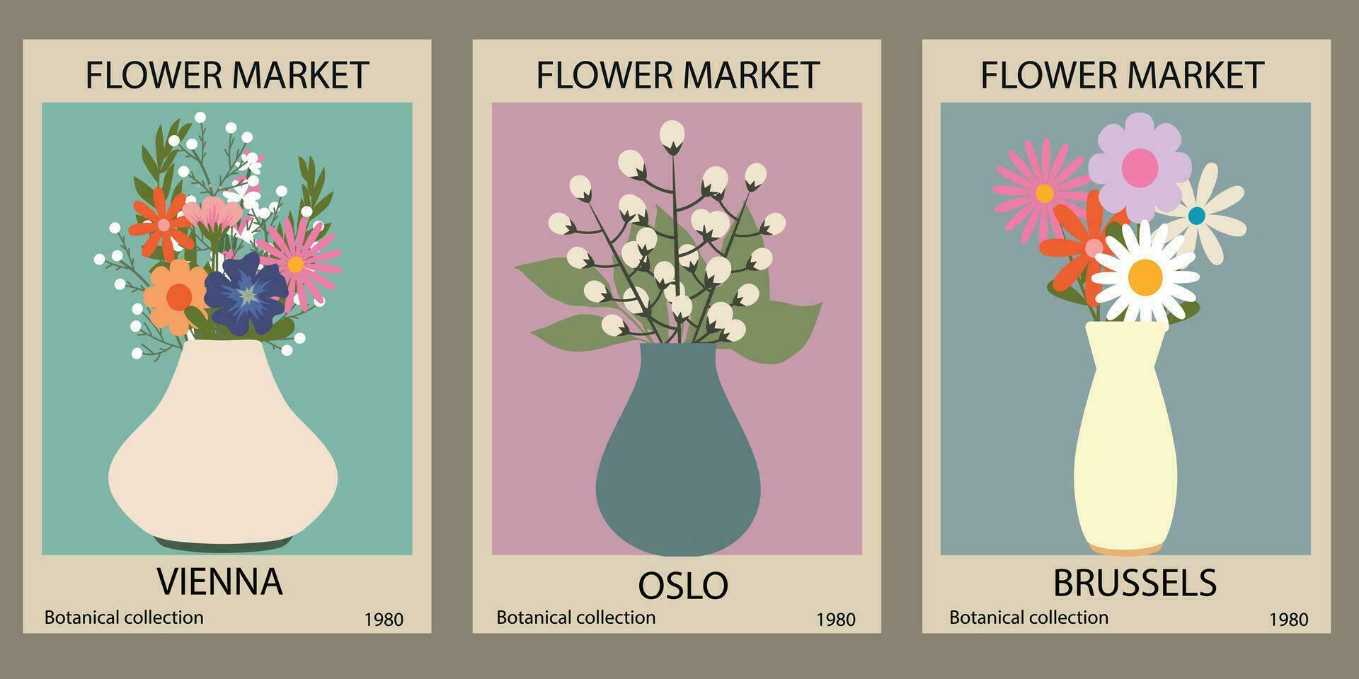 reeks van posters met verschillend bloemen. modern stijl, modieus pastel kleuren. abstract madeliefje, papaver, goudsbloem bloemen. vector kleurrijk illustraties, perfect voor muur kunst, kaarten, dekt. vector