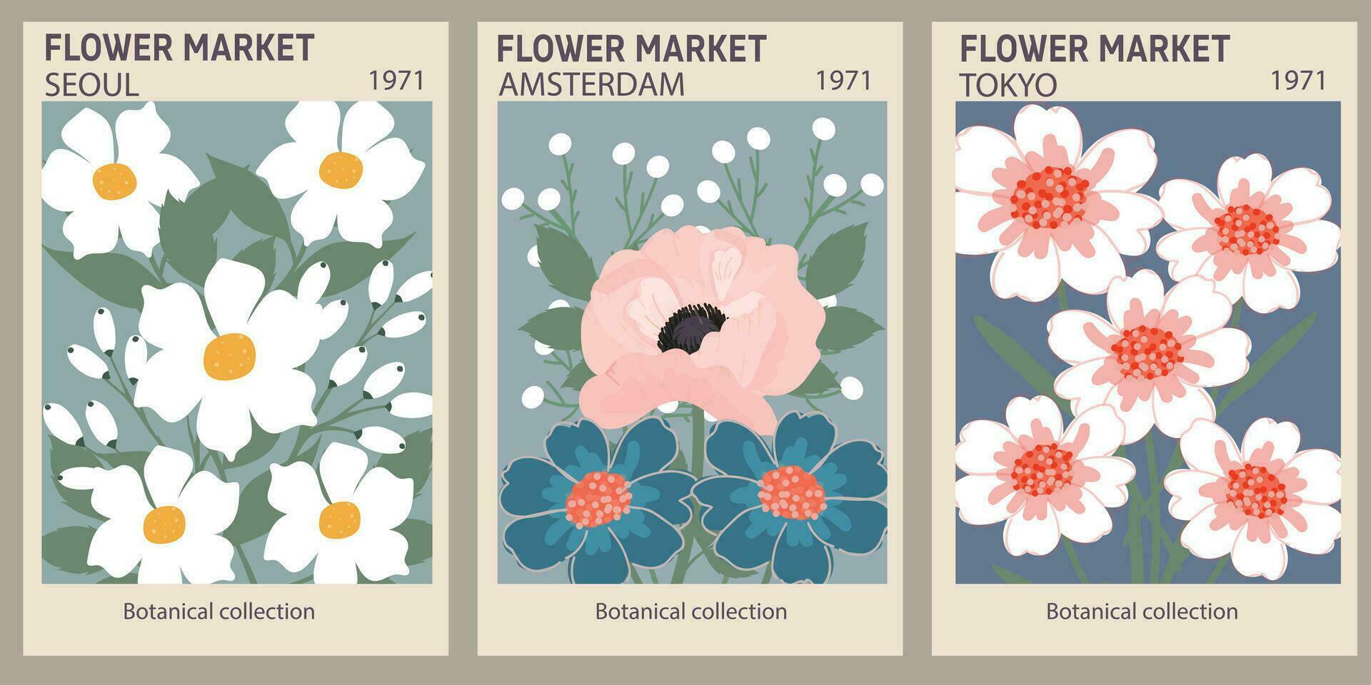 bloem markt poster set. abstract bloemen illustratie. botanisch muur kunst verzameling, wijnoogst poster stijlvol. modern stijl, modieus pastel kleuren. vector kleurrijk illustraties.