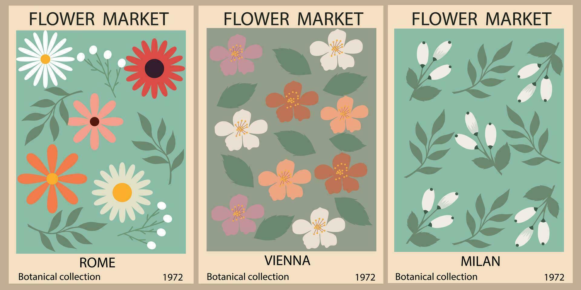 bloem markt poster set. abstract bloemen illustratie. botanisch muur kunst verzameling, wijnoogst poster stijlvol. modern stijl, modieus pastel kleuren. vector kleurrijk illustraties.