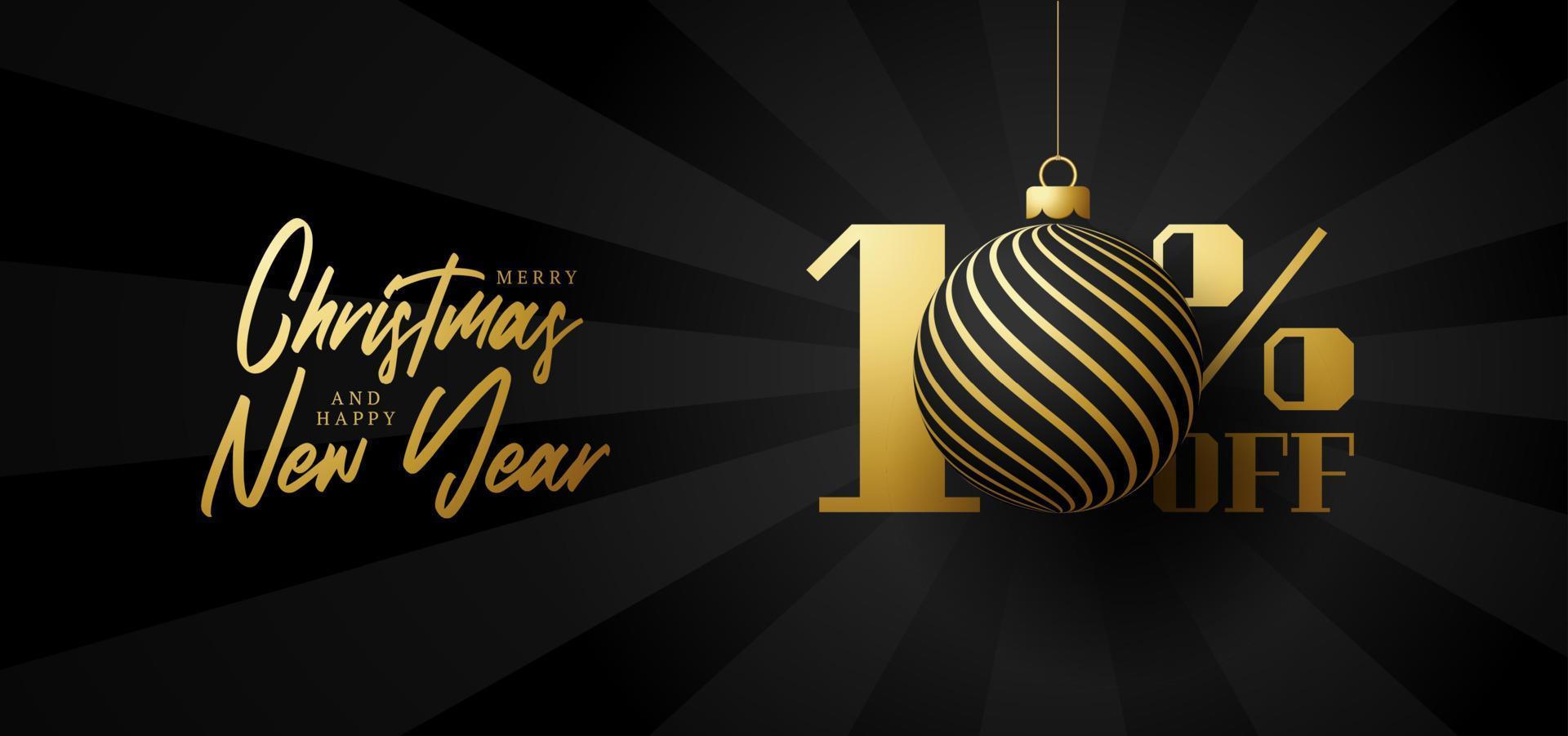 vrolijk kerstfeest grote verkoopbanner. luxe kerstuitverkoop 10 procent korting op zwarte koninklijke bannersjabloon met versierde gouden bal hangen aan een draad. gelukkig nieuwjaar en xmas vectorillustratie vector