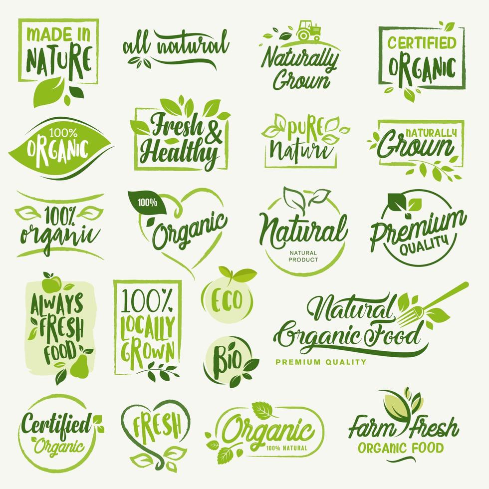 set stickers en badges voor biologisch eten en drinken en natuurlijke producten vector