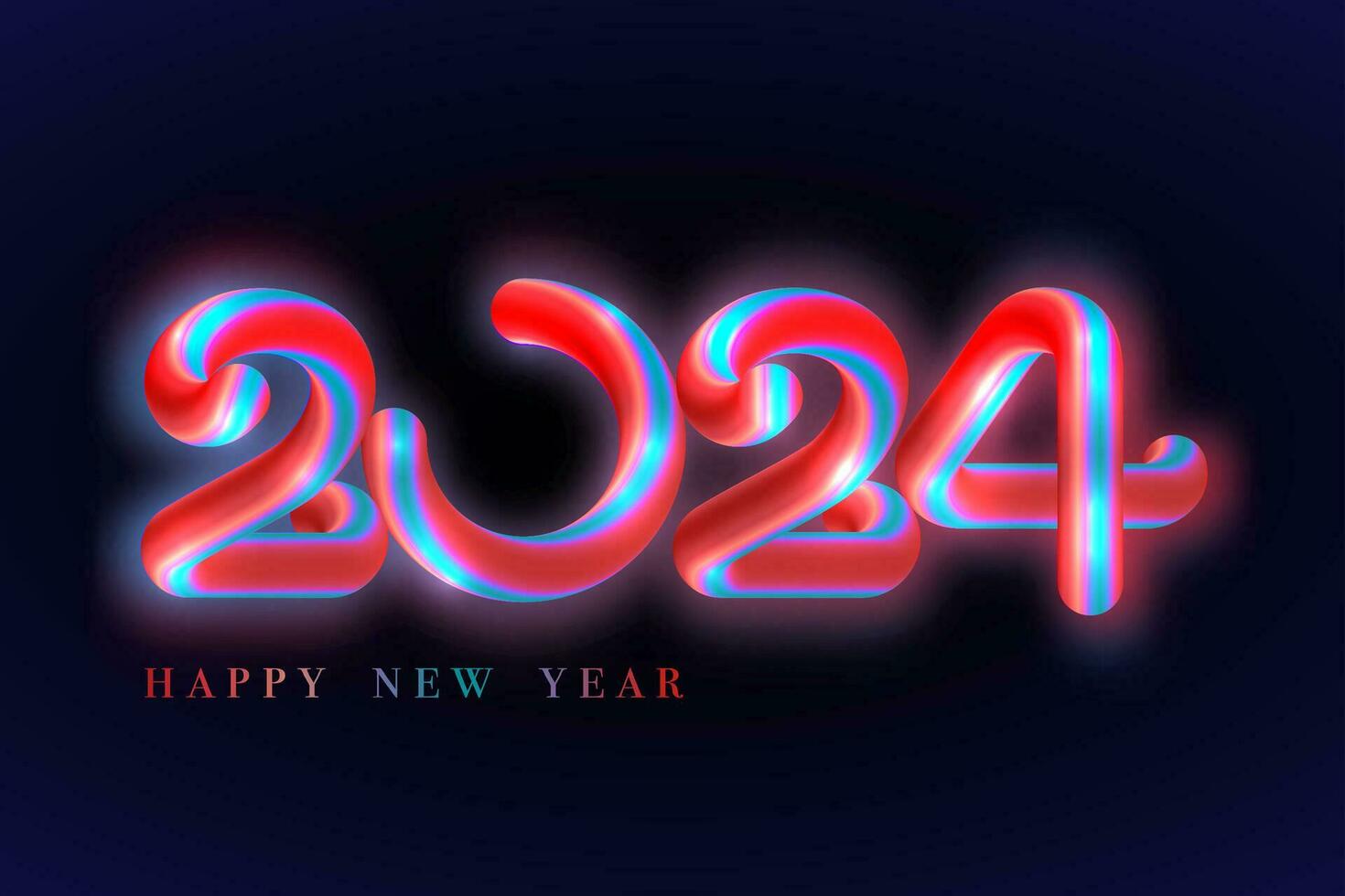 gelukkig nieuw jaar 2024 banier gekleurde gloed neon buis. gelukkig vakantie gloeiend feestelijk lichtgevend getallen in blauw en rood ontwerp, vector illustratie geïsoleerd Aan een zwart achtergrond