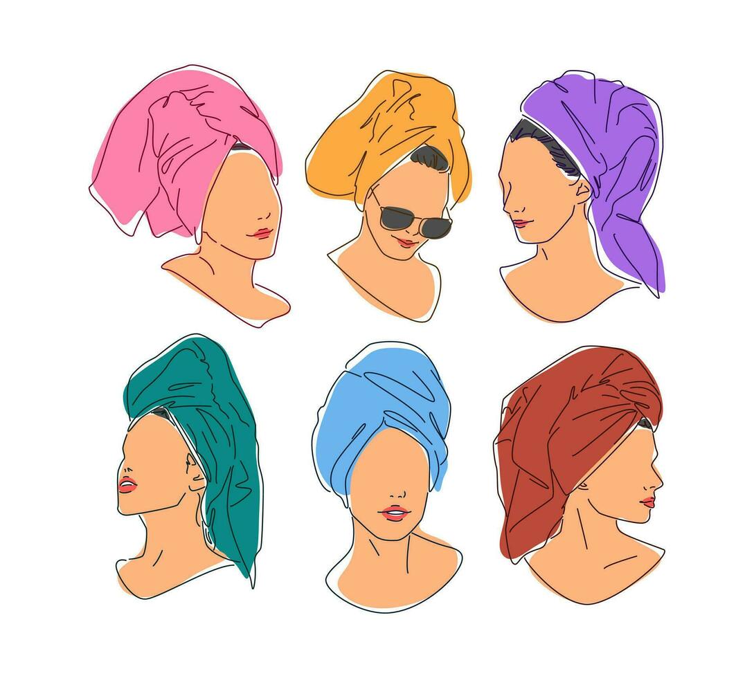 reeks van lijn kunst van een vrouw gezicht met een handdoek Aan haar hoofd. gekleurd. bewerkbare hartinfarct. vector illustratie.