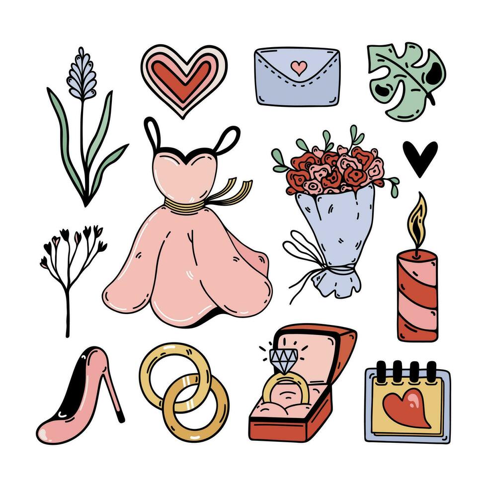 bruiloft vector set. symbolen van huwelijk - jurk en schoenen voor de bruid, verloving ringen, romantisch brief, boeket van helder rozen, bloemen, vakantie kaars. vlak tekenfilm clip art geïsoleerd Aan wit