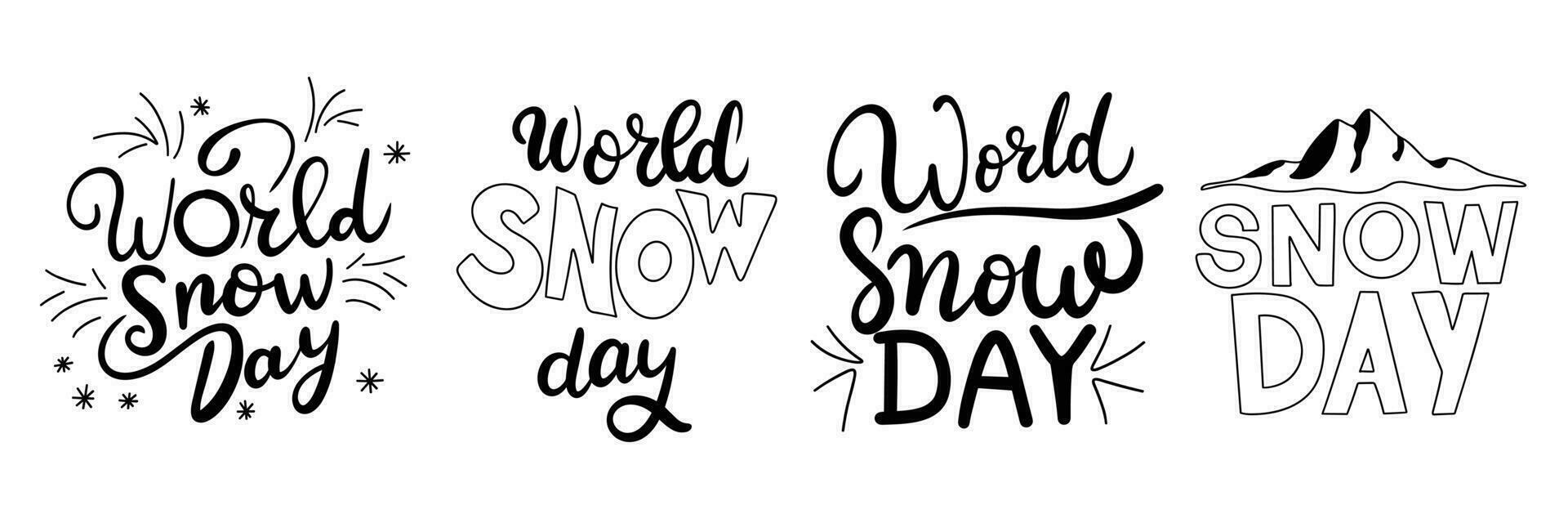 verzameling van plein tekst banier voor wereld sneeuw dag. handschrift tekst wereld sneeuw dag inscripties set. zwart tekst banners set. hand- getrokken vector kunst