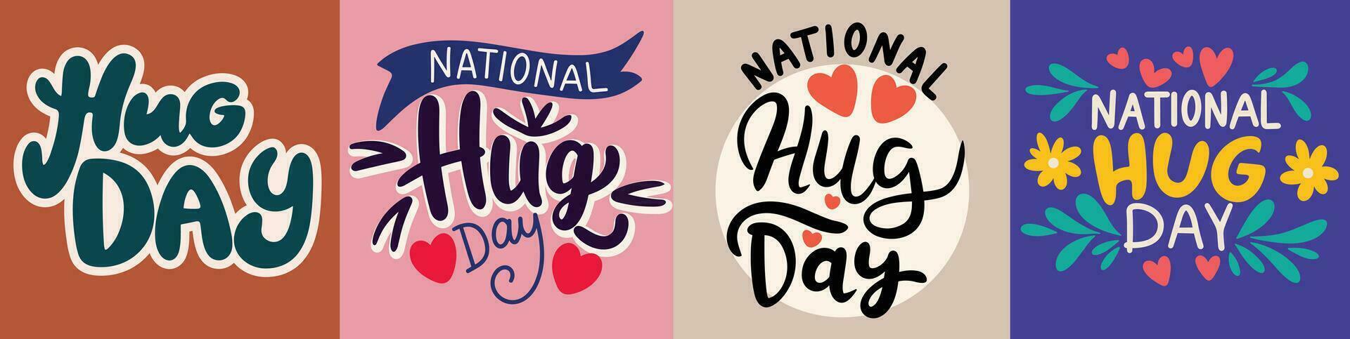 verzameling van plein tekst banier voor nationaal knuffel dag. handschrift tekst nationaal knuffel dag inscripties set. kleur tekst banners set. hand- getrokken vector kunst