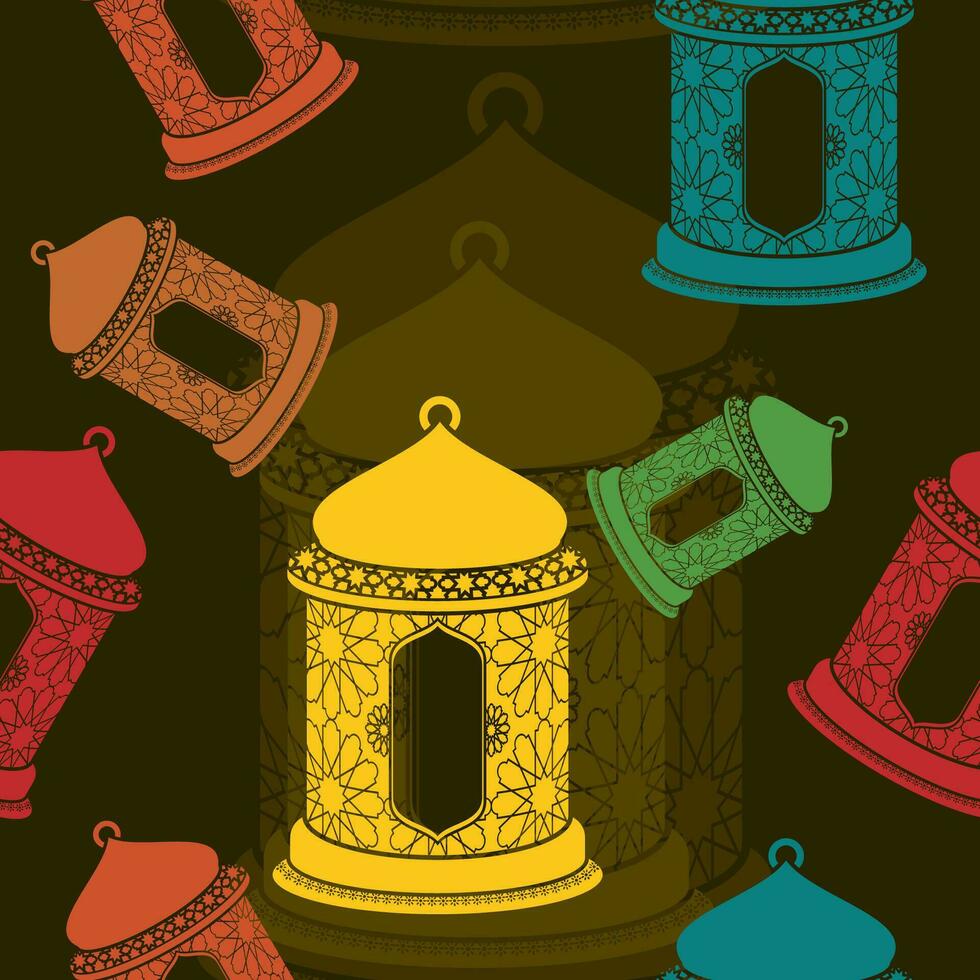 bewerkbare vlak monochroom stijl Arabisch lantaarns vector illustratie met divers kleuren net zo naadloos patroon met donker achtergrond voor Islamitisch af en toe thema zo net zo Ramadan en eid of Arabisch cultuur