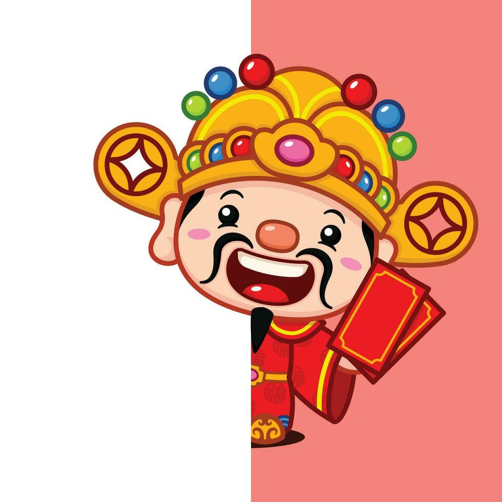 schattig Chinese nieuw jaar fortuin god Holding rood geld envelop achter een muur vector