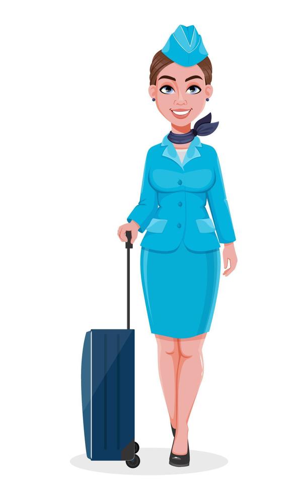 stewardess in blauw uniform staande met bagage vector