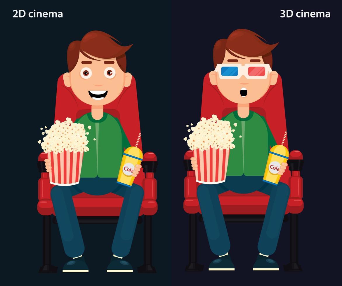 man zit in de bioscoop en kijkt naar een film, 2D- en 3D-bioscoop. vector