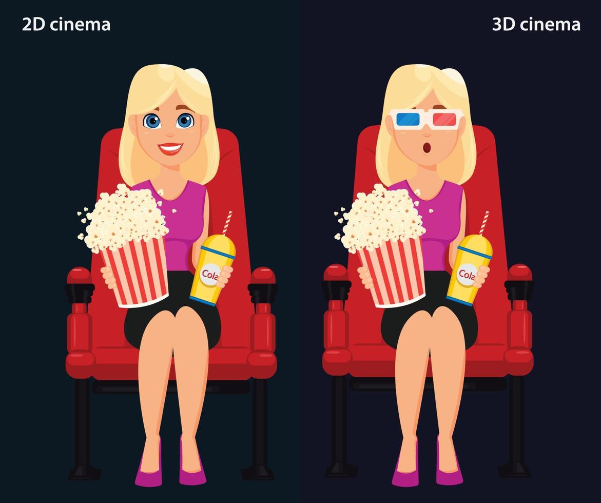 vrouw zitten in de bioscoop en kijken naar een film, 2D- en 3D-bioscoop. vector