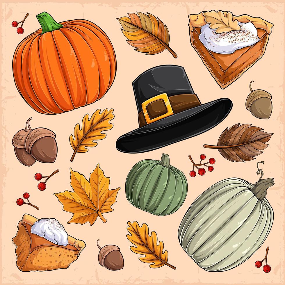 Thanksgiving-elementencollectie, pompoentaart, pelgrimshoed, noten, veenbessen en bladeren vector